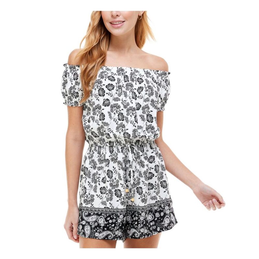 KINGSTON GREY Womens Romper Peasant White Tie Elastic-band Juniors XXS